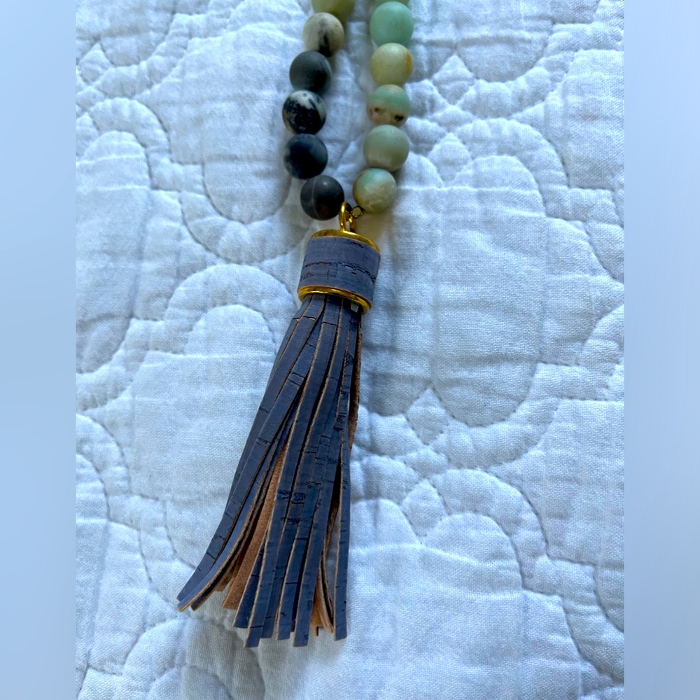 Bead and leather tassel long necklace
